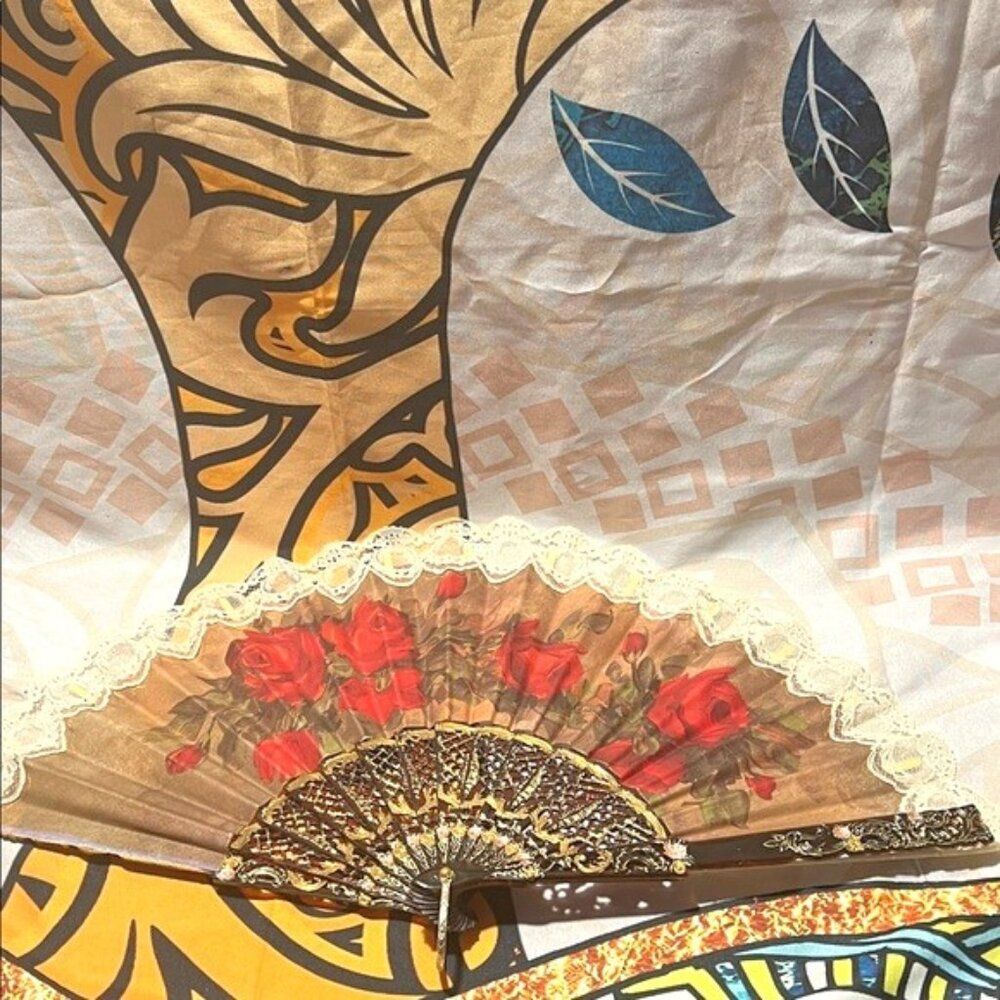 Folding Hand Fan with Red Roses and Lace Accent